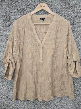 Torrid Top Womens 1 US Plus 1X Beige Harper Textured Striped 3/4 Sleeve Pullover